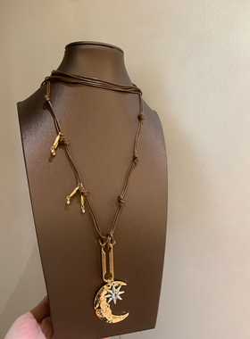 “日月同辉”中古vintage月牙芒星蜡绳项链可调节百搭秋冬毛衣链