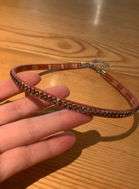 【棠洛】红棕皮 满钻细choker颈链女y2k辣妹皮质项圈可调节短颈链