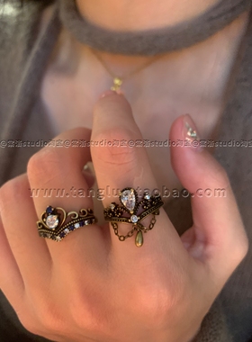 vintage蓝白锆石皇冠戒指女小众复古食指戒指古着指环个性戒圈潮