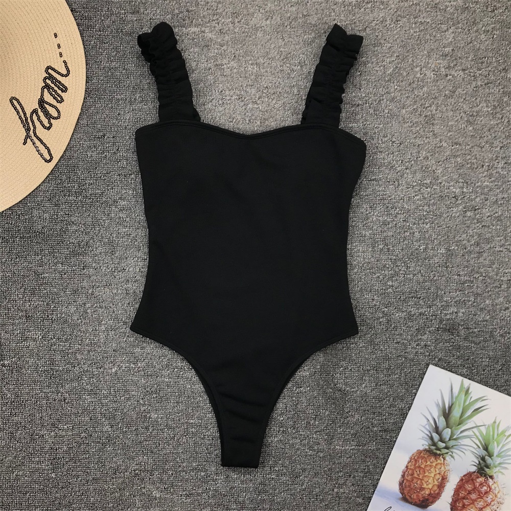 Vintage Swimsuit Women One Piece Ruffle Strap Swimwear Femal-图0