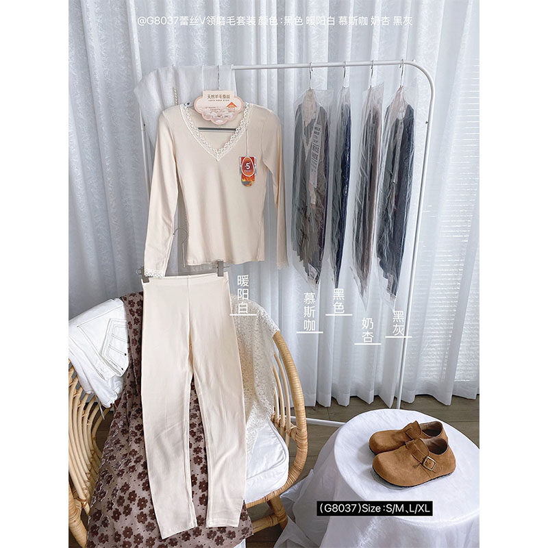 法式绵羊毛蚕丝V领蕾丝边秋衣秋裤套装女美体冬季磨毛保暖内衣搭,淘宝优惠券,粉丝福利购,淘宝优惠卷
