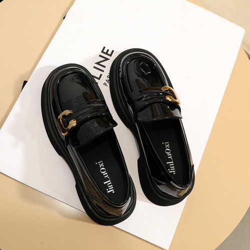 英伦风小皮鞋女秋季复古漆皮一脚蹬乐福鞋平底大头鞋厚底中跟单鞋 - 图2