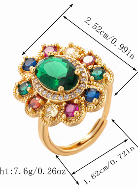 宫廷风祖母绿锆石戒指女小众设计感高级轻奢气质百搭开口式食指戒