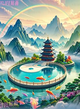 山水风景画太极锦鲤寓意贴画墙贴壁画自贴纸门贴沙发背景图装饰画