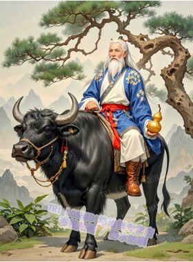 中国风南极仙翁骑牛福寿贴画家用