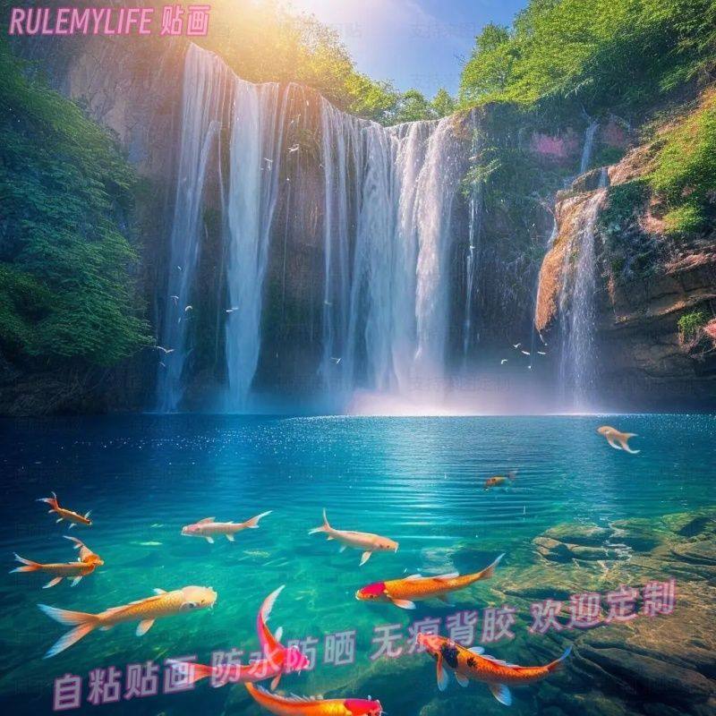 锦鲤金鱼山水风景贴纸书房宿舍贴饰墙上新款自粘贴画转运装饰画报,淘宝优惠券,粉丝福利购,淘宝优惠卷