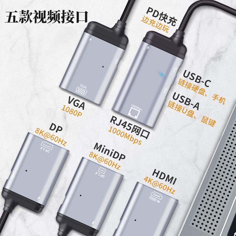 Type-C公转HDMI转接头VGA转换器DP千兆网口RJ45网线MiniDP手机线TPYEC公TAPEC充电口HDIM适用于笔记本电脑Mac - 图0