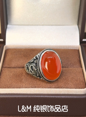 正品S925纯银红玛瑙男士戒指开口可调节龙纹设计复古风男款戒指
