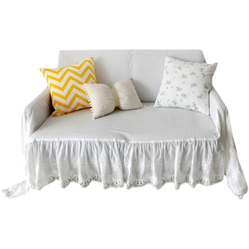 法式北欧清新ins纯棉白色蕾丝荷叶边防尘沙发盖巾盖布料装饰布艺 - 图3