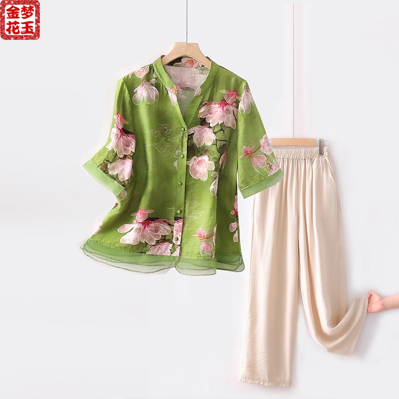 8280印花夏装衬衫妈妈女套装大码老太太夏季中袖中老年人棉麻衣服