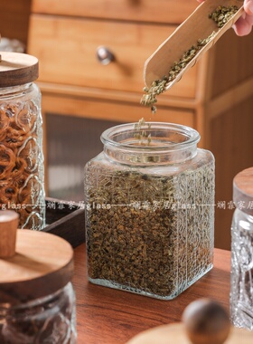 复古雕花玻璃密封罐食品级储物罐冰糖白糖干果零食收纳罐茶叶储存