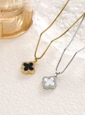 抖音爆款豪华满钻四叶草项链女 黑白双面设计感网红锁骨链18k镀金