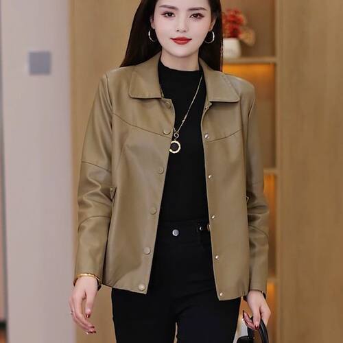 海宁短款皮衣外套女2025春秋季皮衣外套新款洋气尖领显瘦百搭上衣 - 图1