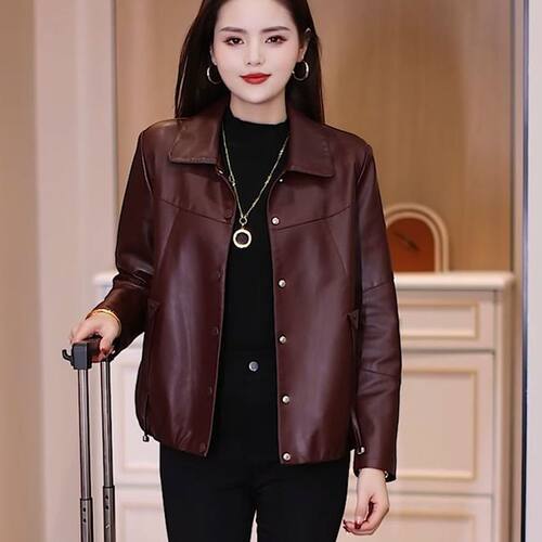 海宁短款皮衣外套女2025春秋季皮衣外套新款洋气尖领显瘦百搭上衣 - 图2