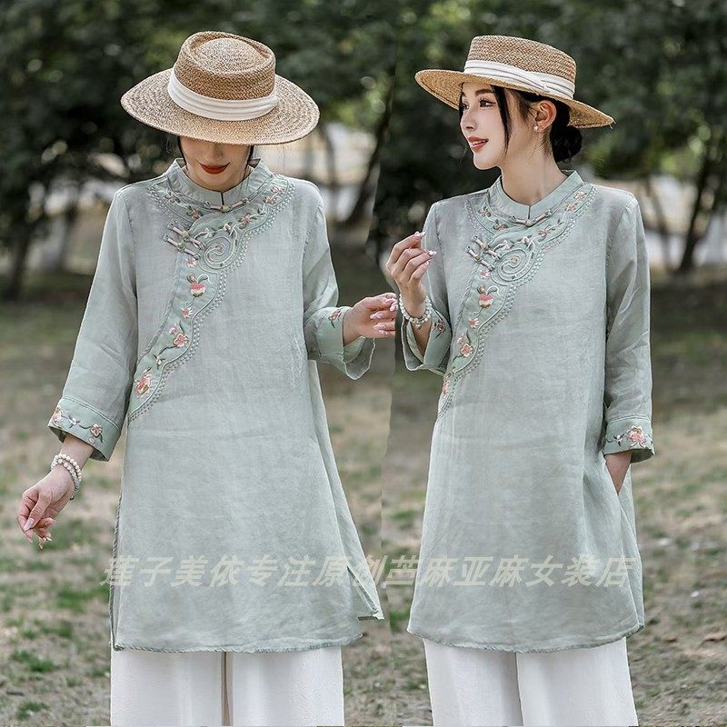 100%纯苎麻高端女夏薄款中长款衬衫立领盘扣刺绣中国风斜襟民族风
