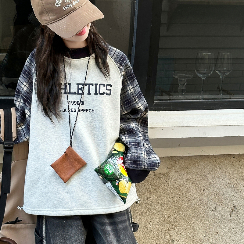 女童插肩袖卫衣2025新款秋冬装加绒加厚儿童格子拼接上衣打底衫潮 - 图1