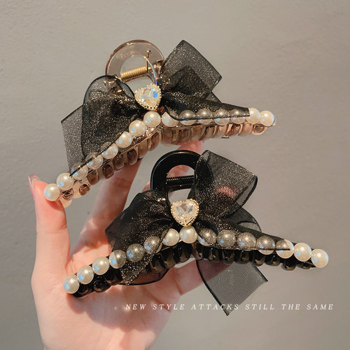 高级感蝴蝶结发夹女大号珍珠抓夹后脑勺发卡网红鲨鱼夹子盘发头饰 - 图1