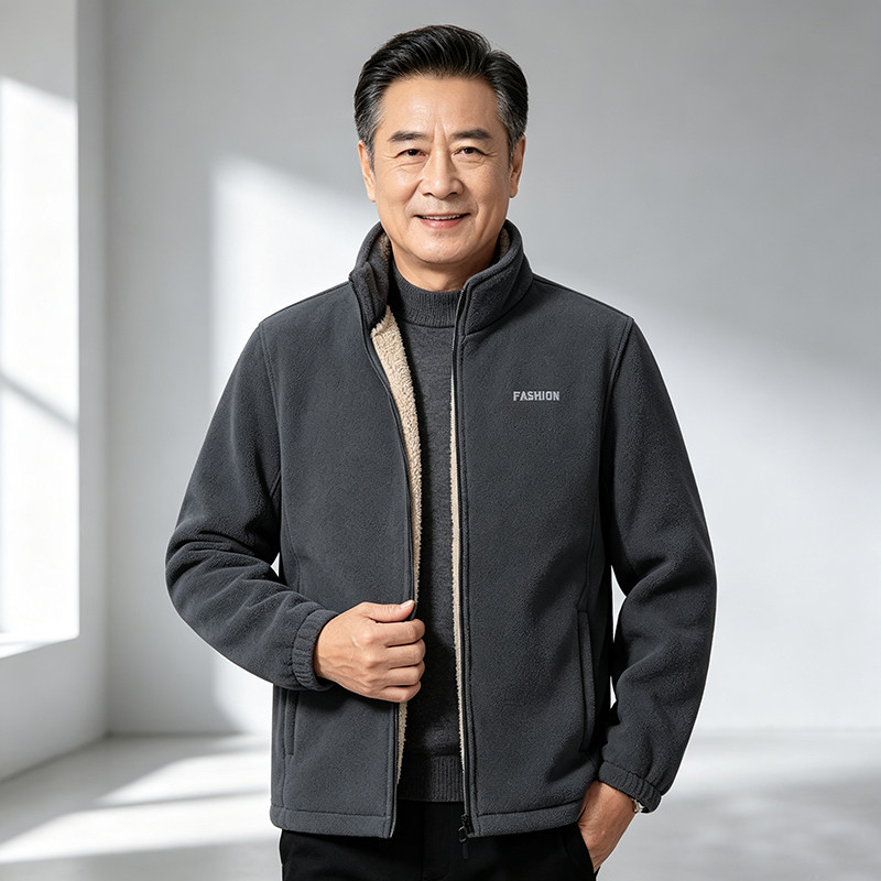 New autumn and winter fleece jacket for men, color-blocked polar fleece, thickened and warm, middle-aged and elderly tops, windproof jackets, trendy jackets