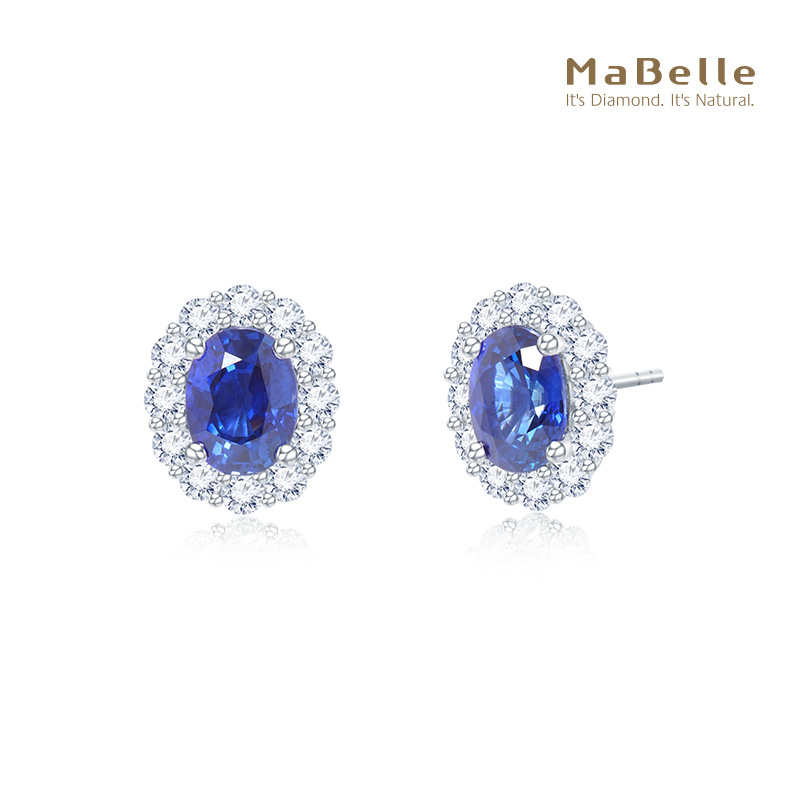 MaBelle/玛贝尔18K白金鹅蛋型克拉蓝宝石钻石耳钉 高贵优雅气质 - 图0