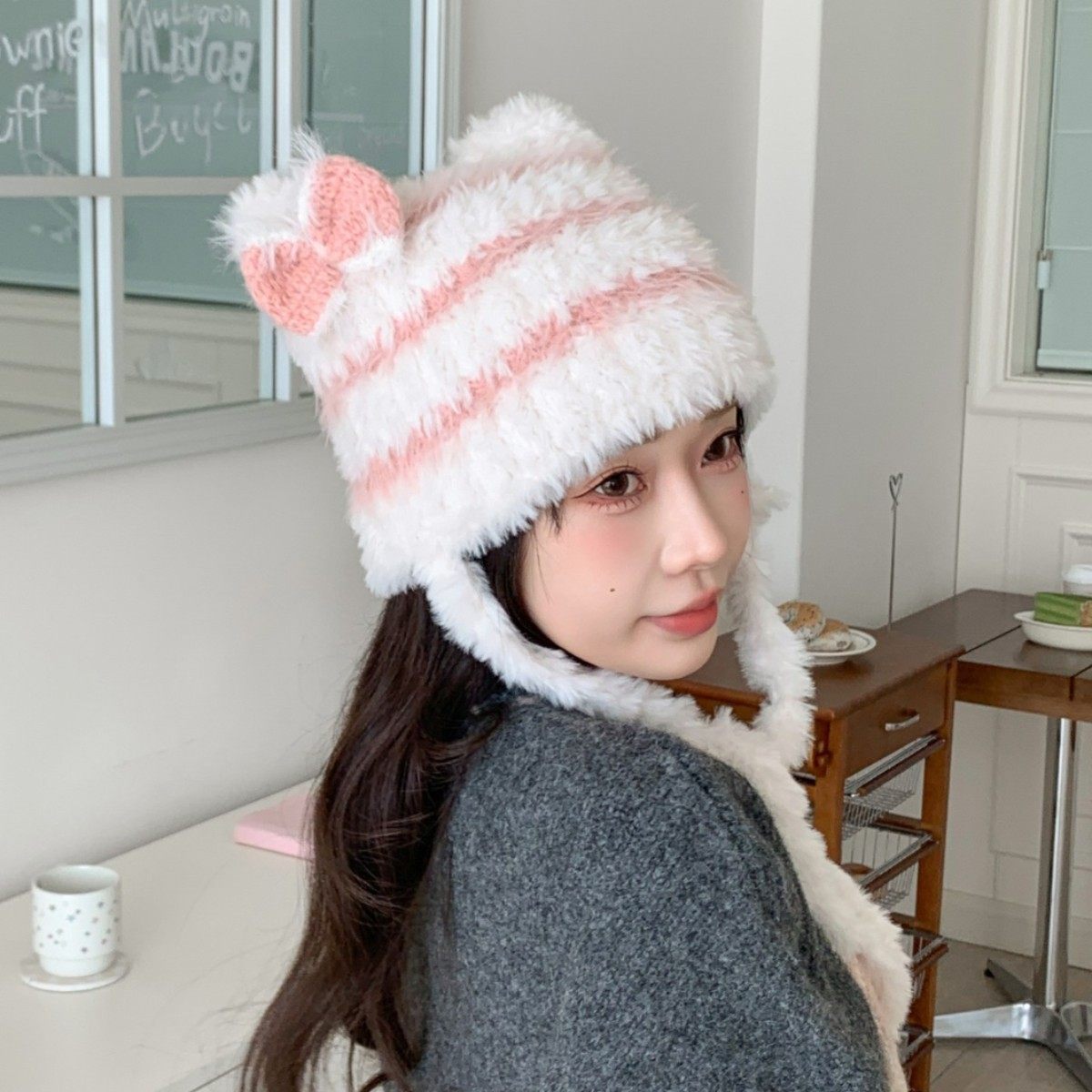 香港潮牌 25年秋冬新款亚比风猫耳仿兔毛绒帽子保暖条纹女款撞色,淘宝优惠券,粉丝福利购,淘宝优惠卷