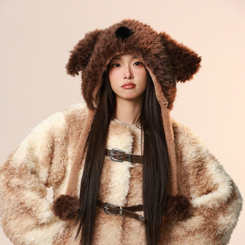 香港潮牌 实拍2025年冬季新款韩版卡通小狗毛球包头帽女保暖毛绒,淘宝优惠券,粉丝福利购,淘宝优惠卷