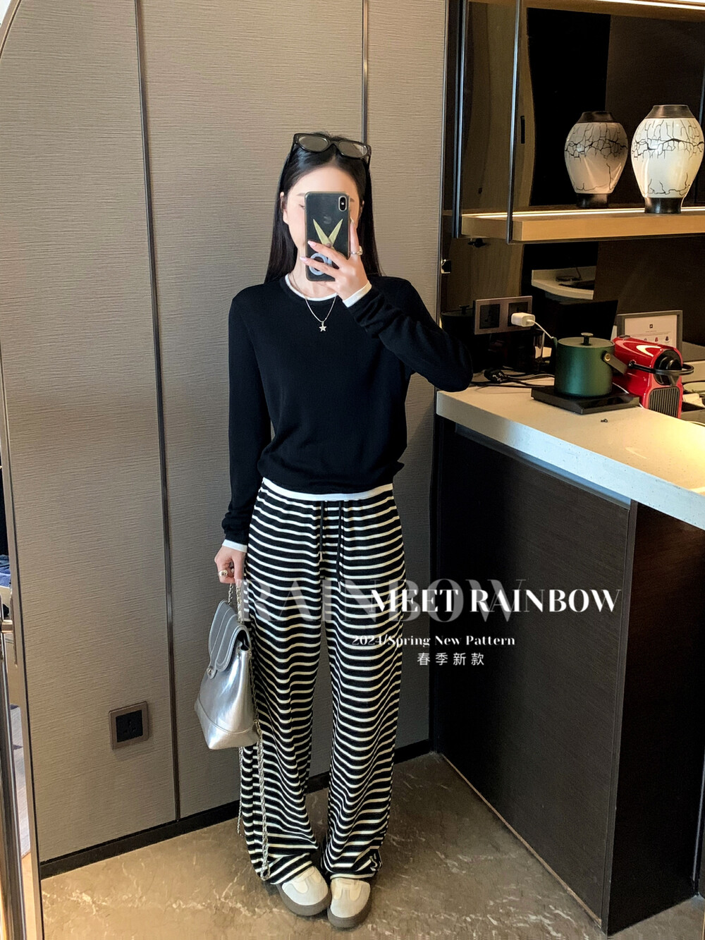 MEET RAINBOW早春新款假两件拼接打底衫女高级感修身显瘦百搭上衣 - 图0