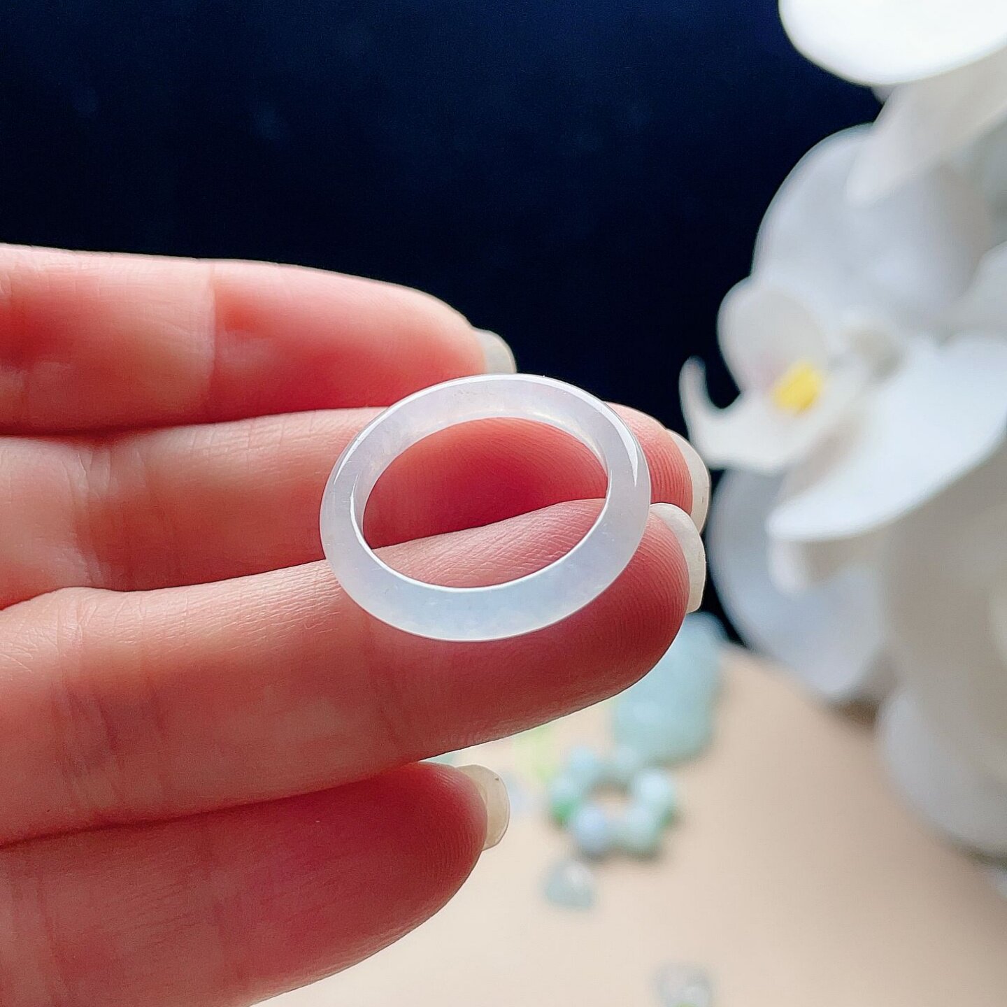 Natural jade thin edge ring milky white fresh jade ring