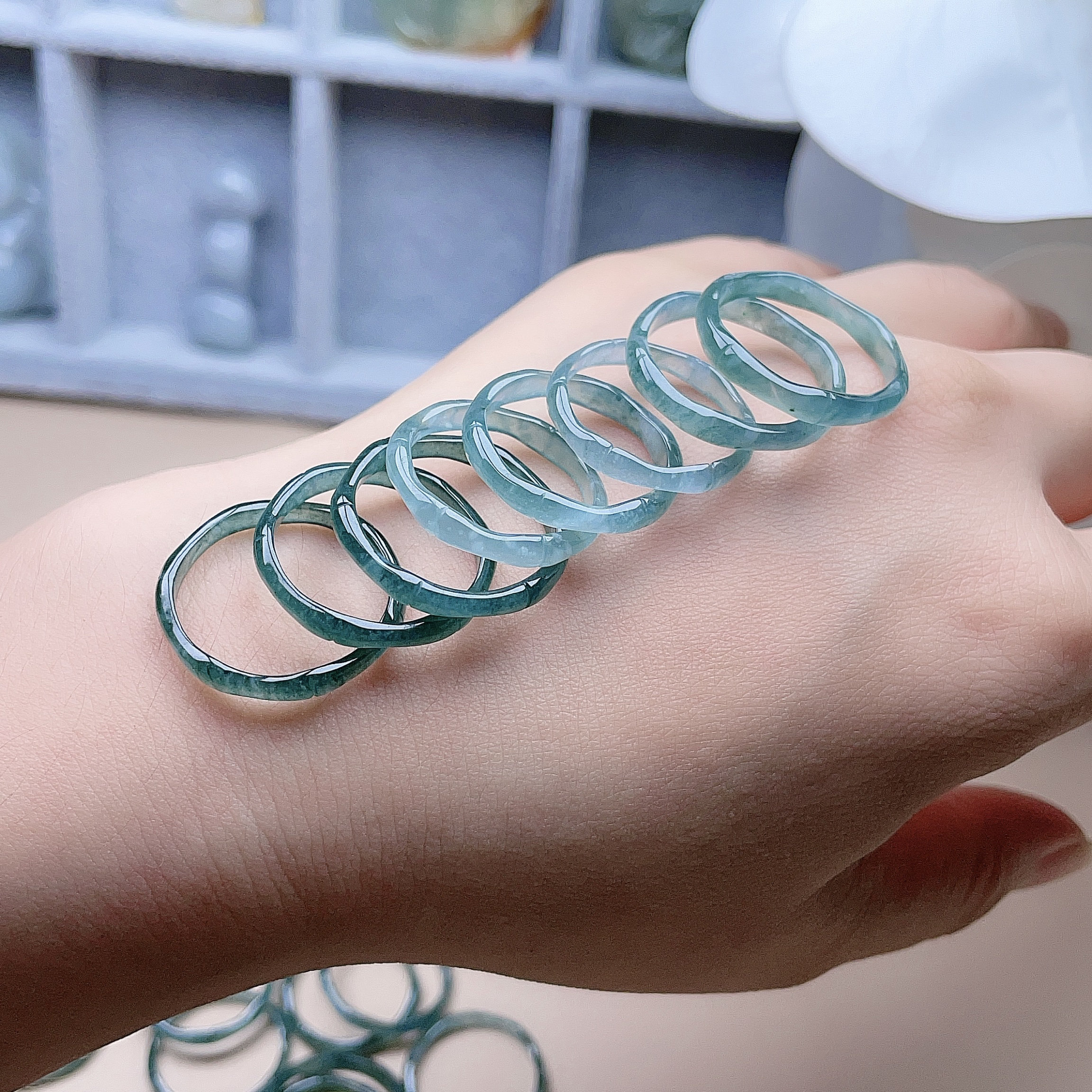Natural emerald bamboo ring is bright blue and green