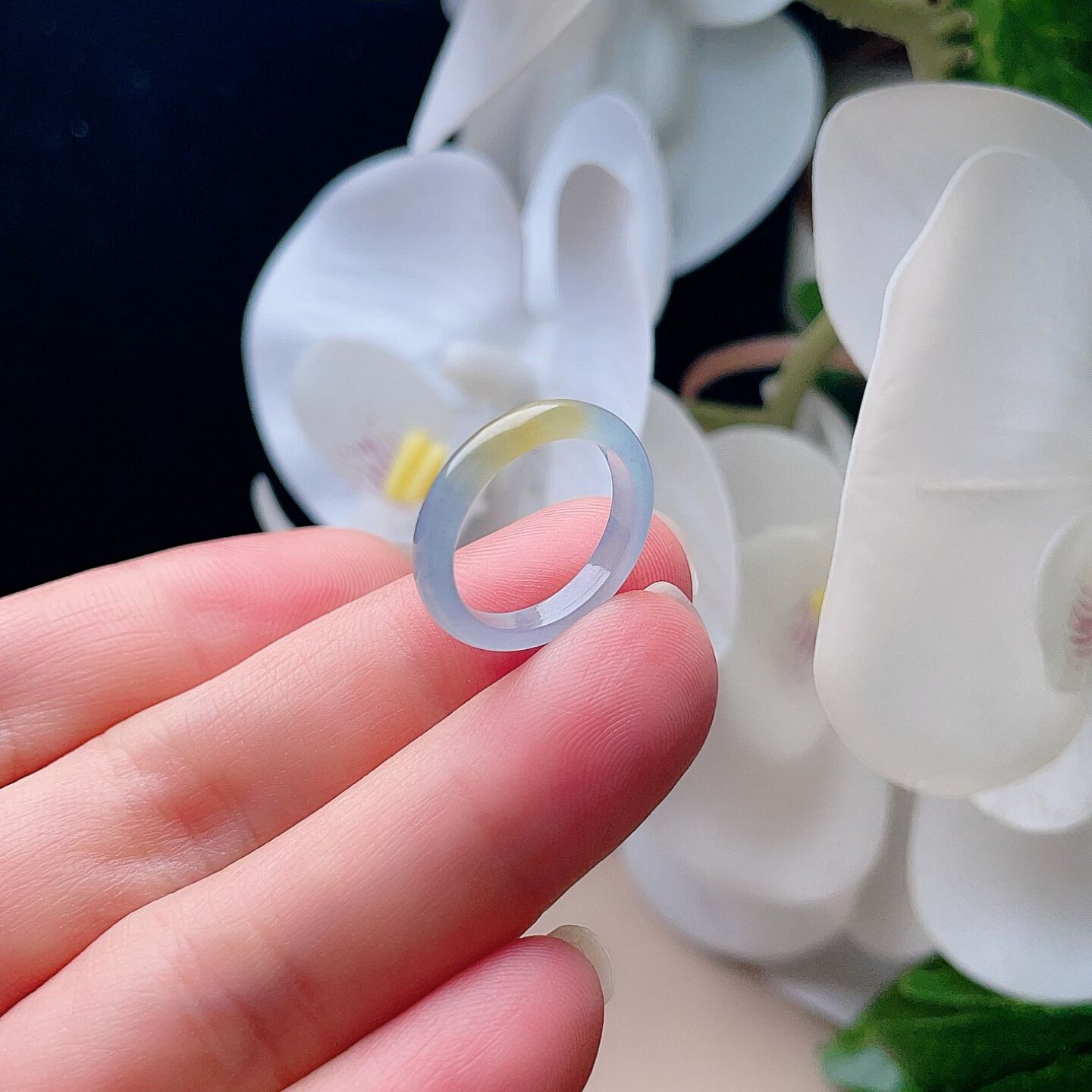 Natural jadeite ring clear water green light smoke purple floating yellow