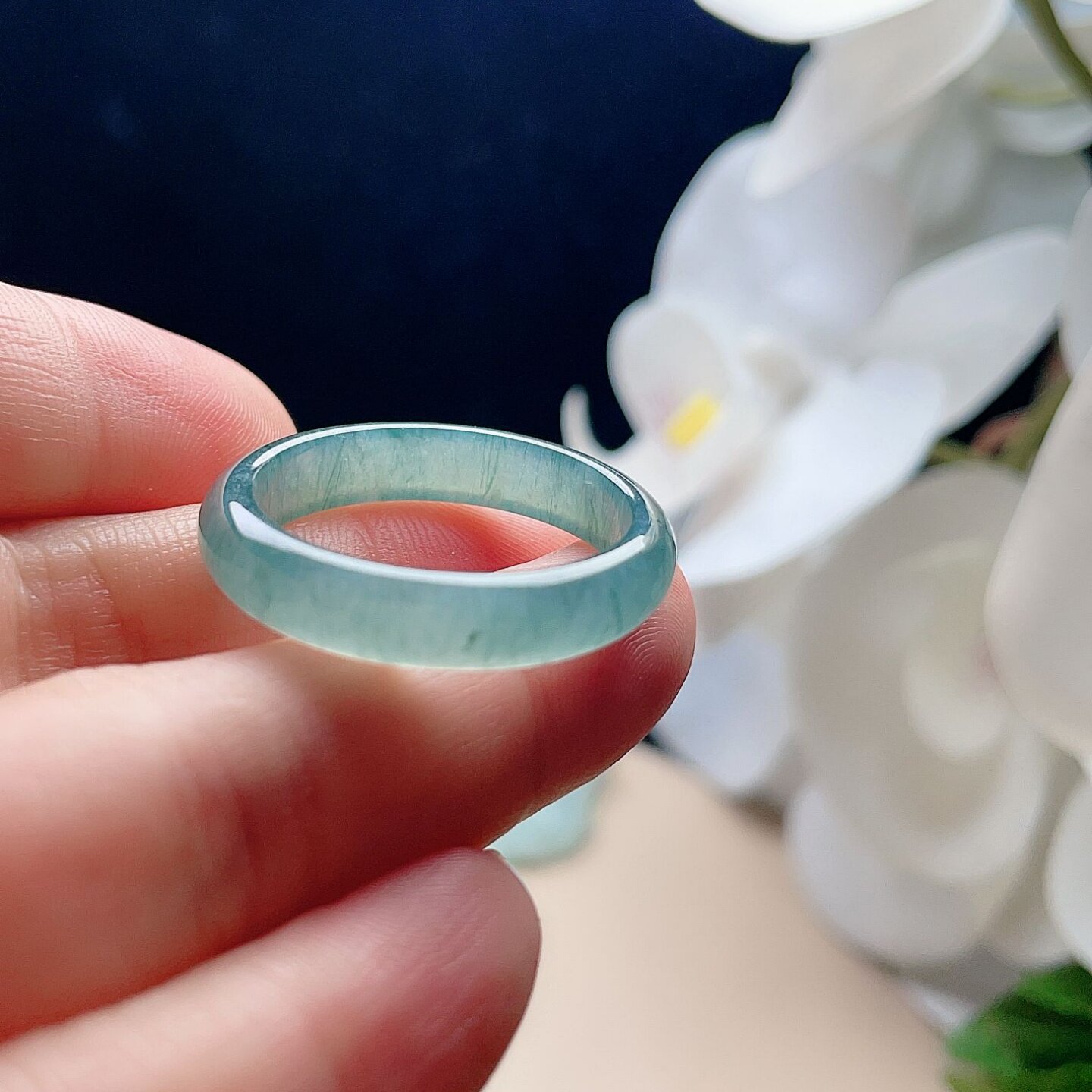 Natural jade ring blue and green floating flowers fresh jade ring