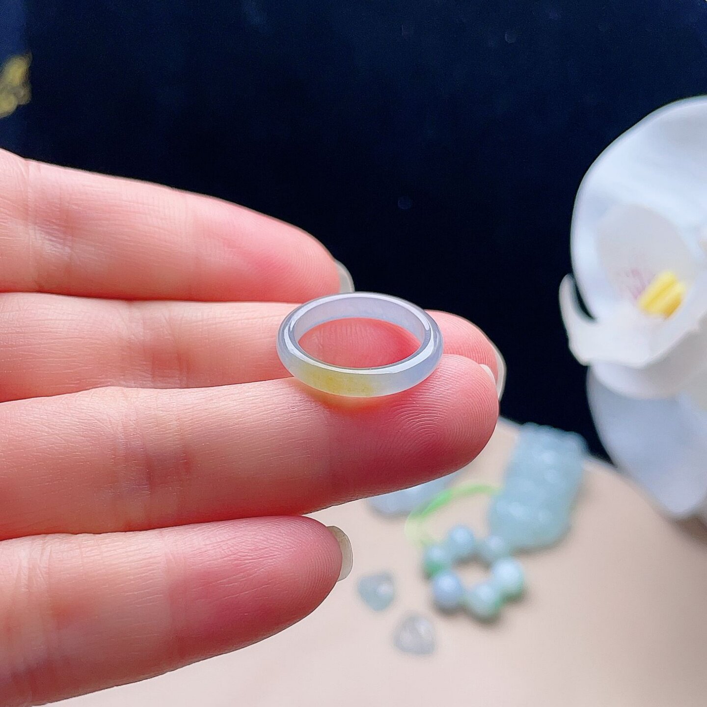 Natural jadeite ring clear water green light smoke purple floating yellow