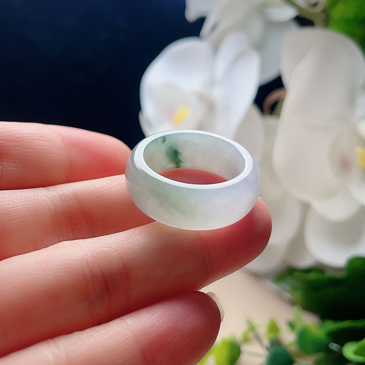Natural jadeite wide edge ring milky white and light green fresh