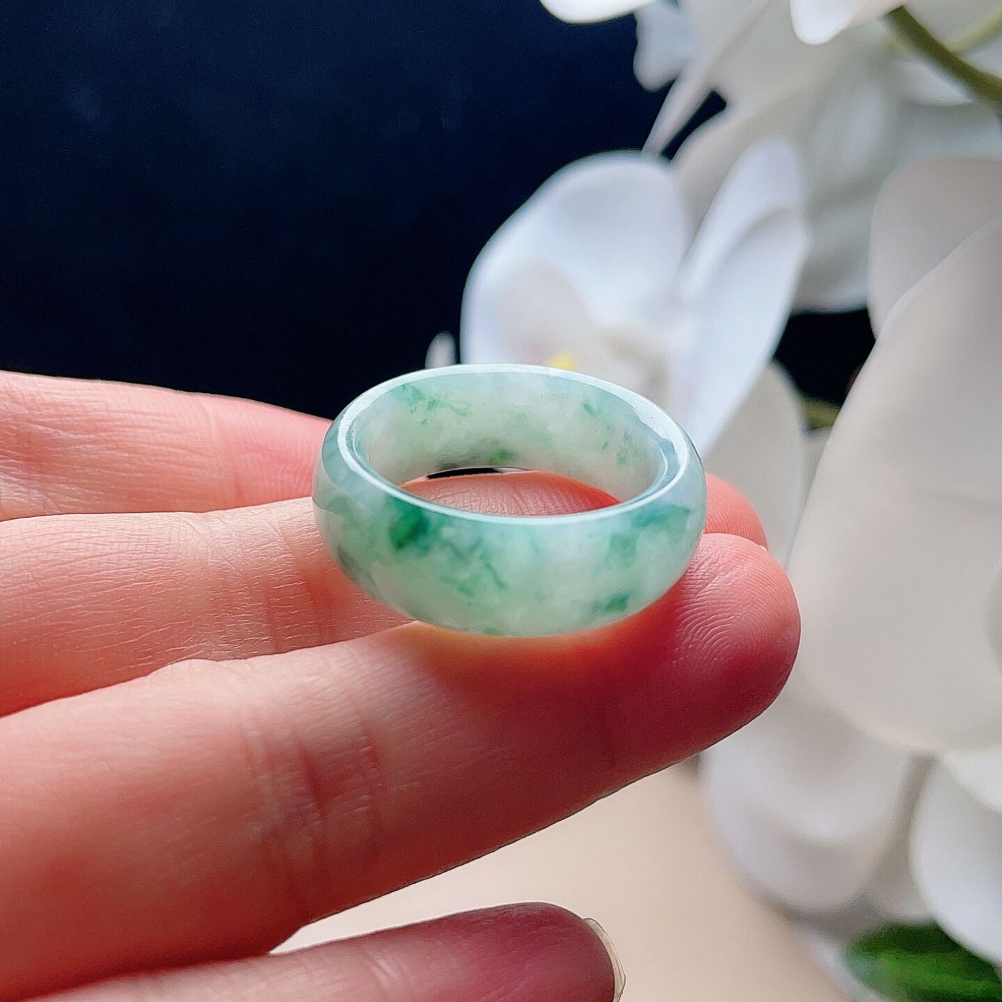 Natural jadeite wide edge ring milky white light green spinach green