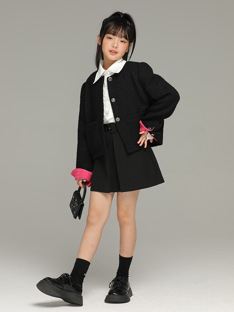 小女森女童春秋压褶设计腰带短裙儿童高腰学院风A字黑色半身裙-图1