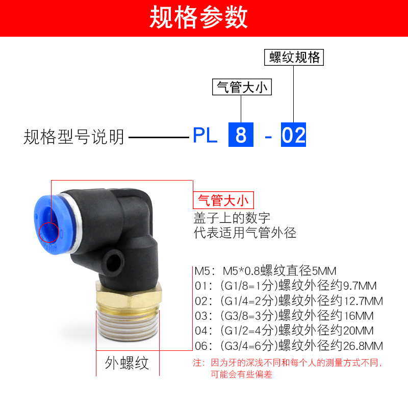 气动气管气缸快速快插接头塑料螺纹弯头PL8-02/4-M5/6-01/1012-04