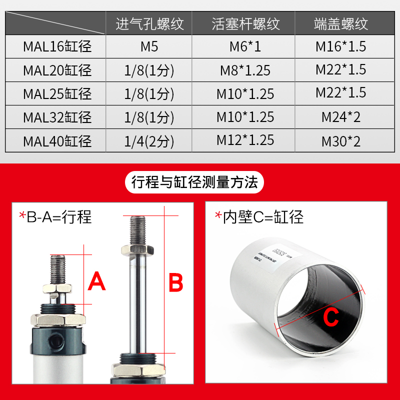 亚德客型气动小型铝合金迷你气缸MAL16/20/25/32/40*100X50X75CA-图2