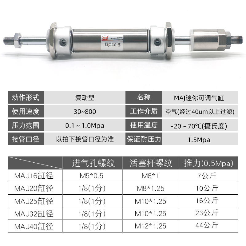 小型气动不锈钢行程可调迷你气缸MAJ16/20/25/32/40X10-25-50-75S-图1