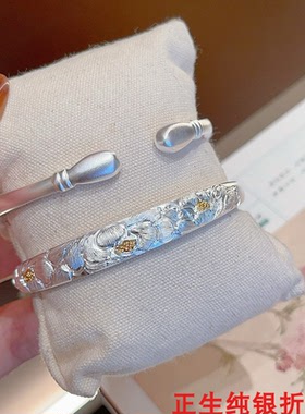 牡丹花描金纯银手镯女时尚轻奢