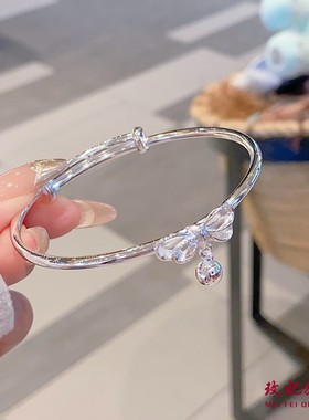 在逃公主蝴蝶结铃铛女纯银手镯