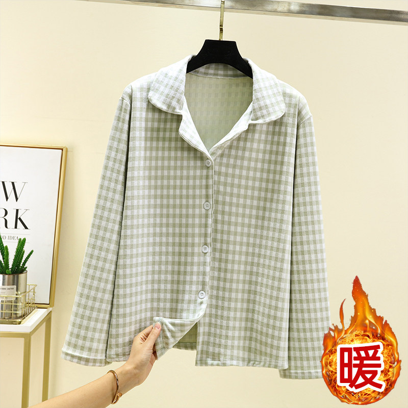 德绒翻领格子睡衣上装女冬季加厚保暖居家翻领上衣大码加绒开衫,淘宝优惠券,粉丝福利购,淘宝优惠卷