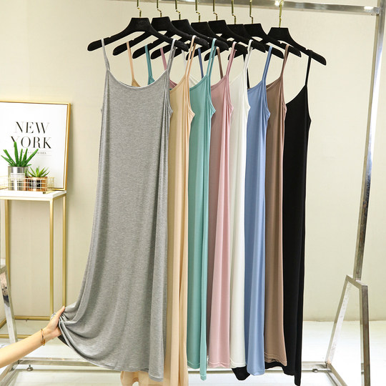 Modales Strapskleid für Damen, Sommer, einfarbig, innen, ärmellos, große Größe, lockeres Westenkleid, lässiger Hosenträgerrock mit Bodenbildung