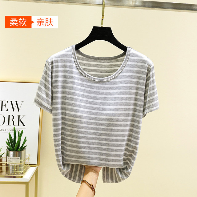 ເສື້ອຍືດແຂນສັ້ນ Modal ຄໍຮອບເອິກ padded striped T-shirt