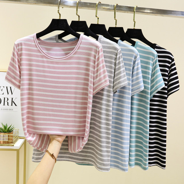 ແມ່ຍິງ summer modal ຄໍ round striped ເທິງ