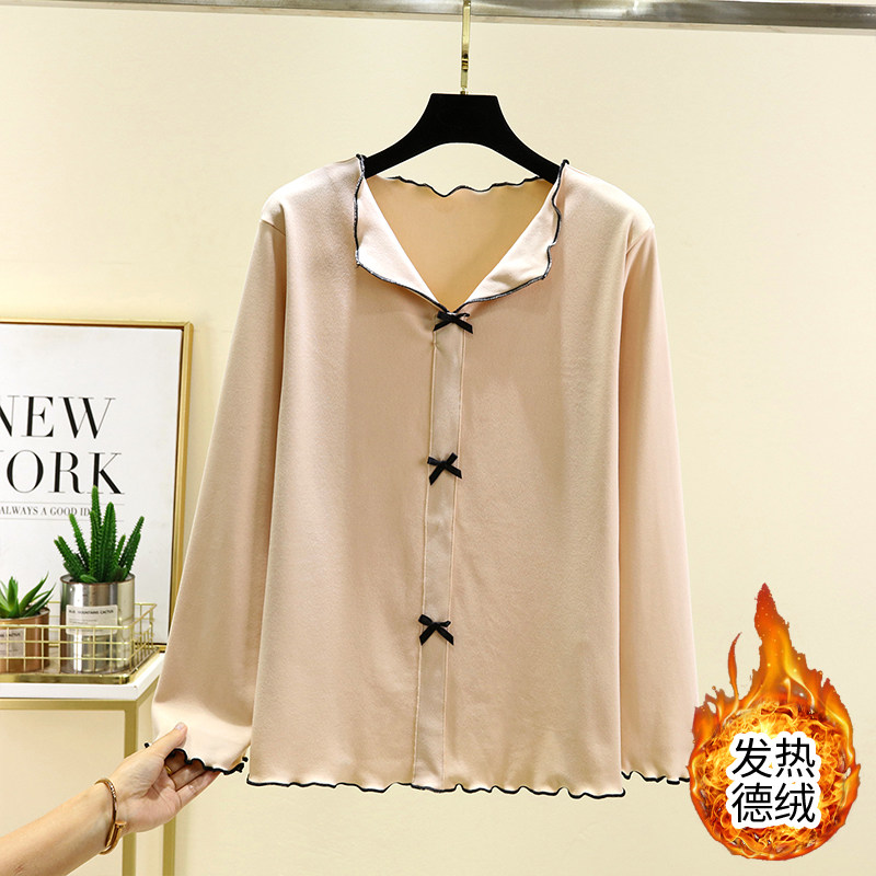 德绒翻领蝴蝶结上衣女冬季加厚保暖睡衣上装居家大码加绒长袖T恤,淘宝优惠券,粉丝福利购,淘宝优惠卷