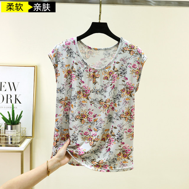 Modal crew neck printed top sleeveless