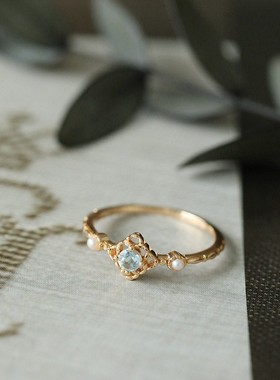 《夏至蔚蓝》日系精品小清新高仿天然珍珠天空蓝仿托帕石轻奢戒指