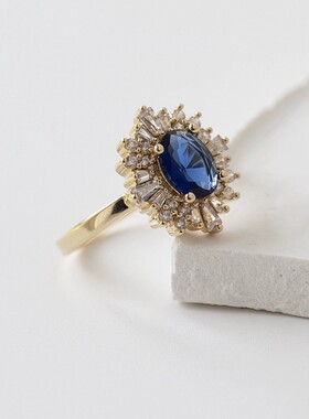 欧美热销精美椭圆切面锆石镶钻戒指时尚大气蓝宝石花朵状奢华指环