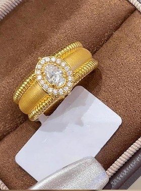 中古鸽子蛋戒指女时尚轻奢粉皓石镶嵌莫桑钻百搭指环女神戒礼物