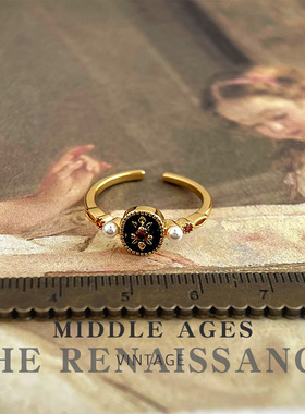 Vintage轻中古文艺复古镀14K黑色戒指港风滴油开口可调节黑食指戒