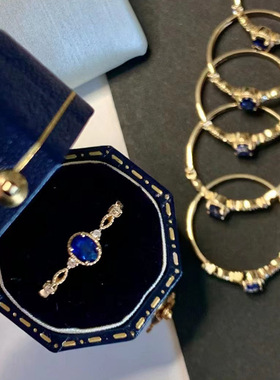 日系轻奢电镀黄金色戒子新款 简约蛋形蕾丝无忧蓝宝石戒指经典款